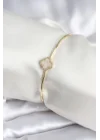 Mey İthalat® Beyaz Sedefli Yonca Model Gold Renk Kadın Bileklik