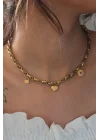 Mey İthalat® Çelik Gold Renk Kalın Zincir Model Kalp Figür Kadın Kolye