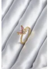 Mey İthalat® Gold Renk Pembe Zirkon Taşlı Kelebek Model Kadın Yüzük