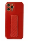 Mey İthalat®  iPhone 12 Pro Kılıf Coco Karbon Standlı Kapak - Kırmızı
