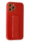 Mey İthalat®  iPhone 12 Pro Kılıf Coco Karbon Standlı Kapak - Kırmızı