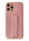 Mey İthalat®  iPhone 12 Pro Kılıf Coco Karbon Standlı Kapak - Pembe
