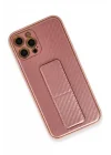 Mey İthalat®  iPhone 12 Pro Kılıf Coco Karbon Standlı Kapak - Pembe