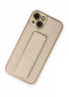 Mey İthalat®  iPhone 14 Plus Kılıf Coco Deri Standlı Kapak - Gold