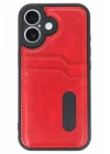 Mey İthalat®   iPhone 16 Kılıf Sara Kartvizitli Deri Kılıf - Kırmızı