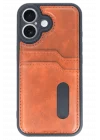 Mey İthalat®   iPhone 16 Kılıf Sara Kartvizitli Deri Kılıf - Taba