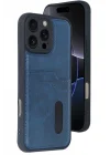 Mey İthalat®  iPhone 16 Pro Max Kılıf Sara Kartvizitli Deri Kılıf - Lacivert