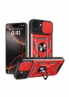 Mey İthalat®   iPhone 16E Kılıf Pars Lens Yüzüklü Silikon - Kırmızı