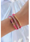Mey İthalat® Pembe Renk Zirkon Taşlı Deri Çoklu Bileklik