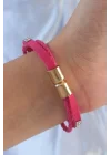 Mey İthalat® Pembe Renk Zirkon Taşlı Deri Çoklu Bileklik