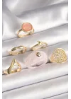 Mey İthalat® Pirinç Gold Renk Pembe Plastik Yüzük Model Daire Pembe Mine Yılan Detay 6Lı Kadın Yüzük Seti