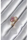 Mey İthalat® Pirinç Gold Renk Pembe Zirkon Taş Kalp Charm Model Kadın Yüzük