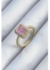 Mey İthalat® Pirinç Gold Renk Pembe Zirkon Taşlı Kadın Yüzük