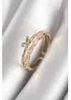 Mey İthalat® Pirinç Gold Renk Zirkon Taşlı Kelebek Figür Kadın Yüzük
