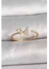 Mey İthalat® Pirinç Gold Renk Zirkon Taşlı Kelebek Mode İnci Detay Ayarlanabilir Yüzük