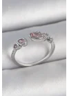 Mey İthalat® Pirinç Gümüş Renk Pembe Damla Zirkon Taşlı Ayarlanabilir Model Kadın Yüzük