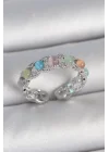 Mey İthalat® Pirinç Gümüş Renk Renkli Mineli Ayarlanabilir Kadın Yüzük