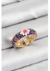 Mey İthalat® Pirinç Mor Mineli Çiçek Motifli Gold Renk Ayarlanabilir Kadın Yüzük