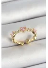 Mey İthalat® Pirinç Sıralı Kalp Figürlü Zirkon Taşlı Gold Renk Ayarlanabilir Kadın Yüzük