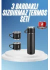 Mey İthalat® Termos Paslanmaz Çelik Termos Siyah Renk 3 Bardaklı Termos Seti