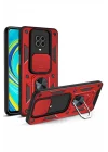 Mey İthalat®  Xiaomi Redmi Note 9 Pro Kılıf Pars Lens Yüzüklü Silikon - Kırmızı