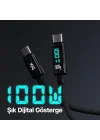 BX09CC Type-C to Type-C 100W 480Mbps E-Marker Çipli LED Dijital Ekranlı Şarj ve Data Kablosu 1 Metre (Siyah)