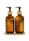 Cam Dispenser Seti – 2’li Amber Şişe (Hands & Dishes Etiketli), Bambu Kapaklı, Sıvı Sabun & Deterjan Pompası