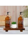 Cam Dispenser Seti – 2’li Amber Şişe (Hands & Dishes Etiketli), Bambu Kapaklı, Sıvı Sabun & Deterjan Pompası