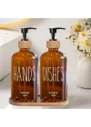 Cam Dispenser Seti – 2’li Amber Şişe (Hands & Dishes Etiketli), Bambu Kapaklı, Sıvı Sabun & Deterjan Pompası
