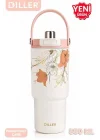 DILLER Tumbler 880 ML Tek Kapak Çift Kullanım Pipetli/Pipetsiz Taşıma Kulplu Çelik Termos-FFD9505-880ml