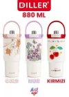 DILLER Tumbler 880 ML Tek Kapak Çift Kullanım Pipetli/Pipetsiz Taşıma Kulplu Çelik Termos-FFD9505-880ml