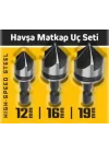 Genel 3 Parça Havşa Matkap Ucu Seti, Çelik, 12mm-16mm-19mm, Phillips Başlı Vidalar için, Standart Yüzey