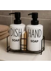 Metal Standlı Çiftli Seramik Sıvı Sabunluk – Dish & Hand Soap Yazılı