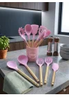 Mey İthalat® 12 Parça Bambu Saplı Silikon Mutfak Gereçleri Seti - Pembe Mutfak Servis Seti
