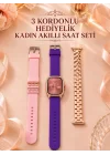 Mey İthalat® 3 Kordonlu Rose Gold Kasalı Kadın Akıllı Saat Seti