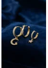 Mey İthalat® 3 lü Ay ve Yıldız Model Gold Renk Set Küpe