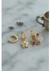 Mey İthalat® 3 lü Set Gold Renk Çiçek Model Küpe