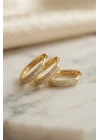 Mey İthalat® 3 lü Set Gold Renk Zirkon Taşlı Kare Halka Küpe
