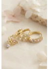 Mey İthalat® 3 lü Set Gold Renk Zirkon Taşlı Kelebek Model Küpe