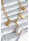 Mey İthalat® 316L Çelik Gold Renk Deniz Kabuğu Charmlı Kadın Kolye