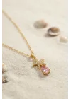 Mey İthalat® 316L Çelik Zincir Gold Renk Yıldız Model Pembe Damla Taş Model Kolye