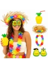 Mey İthalat® 4 Parça Hawaii Parti Seti Ananas Bardak Hasır Şapka Avokado Gözlük Çiçek Kolye