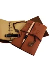 Mey İthalat® Ahşap Kutulu Taba Renk Deri Defter ve Kalem Set