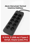 Mey İthalat®  Akım Korumalı Termal Uzatma Kablosu – 10 Priz, 2 USB ve 2 Type-C Girişli, Güçlü Çoklu Priz