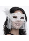 Mey İthalat® Beyaz Dantel Tüllü Peçeli Parti Maskesi – Tüylü İnci Detaylı