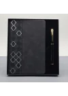 Mey İthalat®  Desenli Siyah Deri Defter Kalem Set