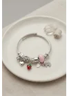 Mey İthalat® Fil Çilek ve Kalp Pembe Charmlı Bileklik