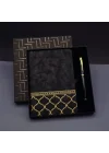 Mey İthalat®  Gold Desen Siyah Deri Defter Kalem Set