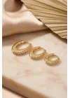 Mey İthalat® Gold Renk Oval Halka Model Zirkon Taşlı 3 lü Küpe Set