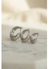 Mey İthalat® Gümüş Renk 3 lü Zirkon Taşlı Halka Küpe Set